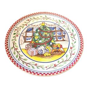Lillian Vernon Red Gingham & Holly Snowy Christmas Decorative‎ Plate 9" Diameter